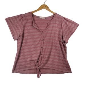 Retrology Button Front Top Women 3X Pink Striped‎ Short Sleeve Tie Front